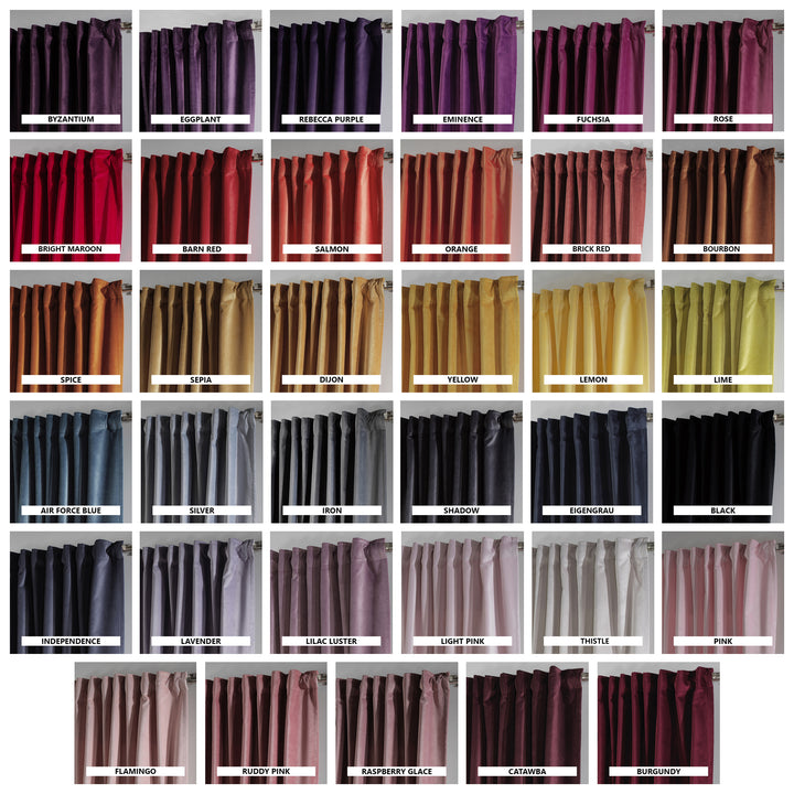 Velvet curtain fabric swatch card showcasing a range of matte and soft‑touch velvet textures in multiple colours, highlighting the rich fabric depth, smooth drape and premium modern velvet finish used for made‑to‑measure curtains and home décor projects.