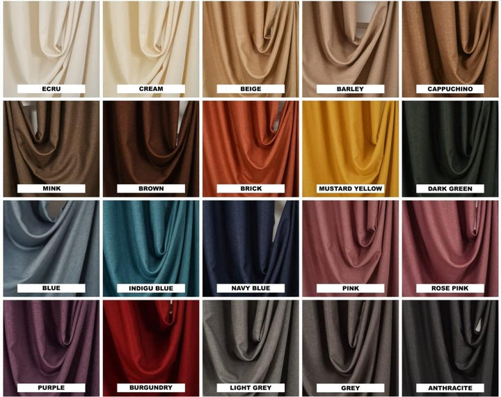Collection of linen look fabric swatches in various colors with labels underneath.