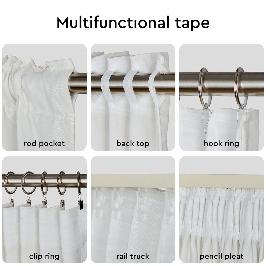 Multifunctional tape for various curtain hanging methods on a white background