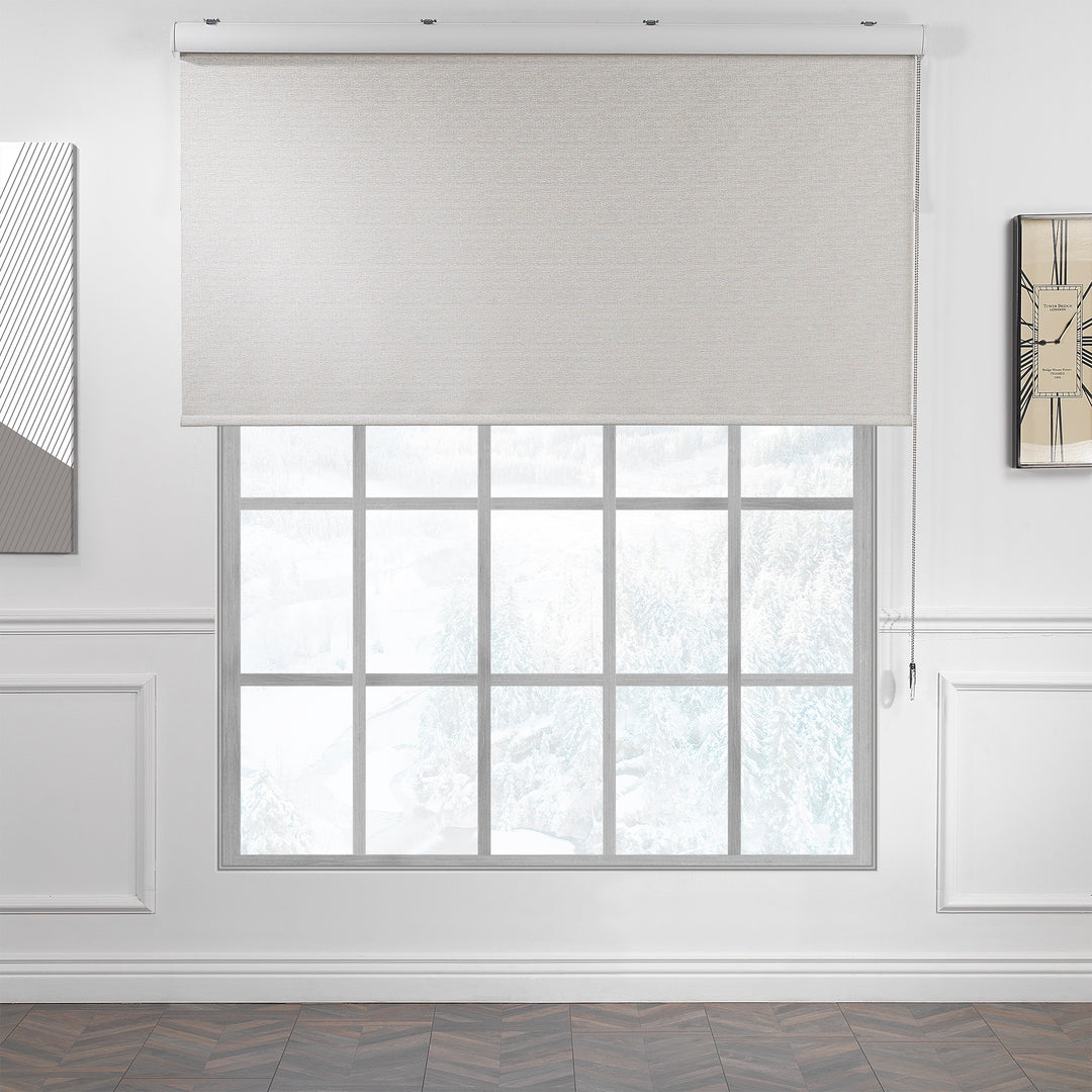 A beige marble‑textured room darkening roller blind made to measure, shown lowered with a soft stone‑effect surface and clean minimal edges