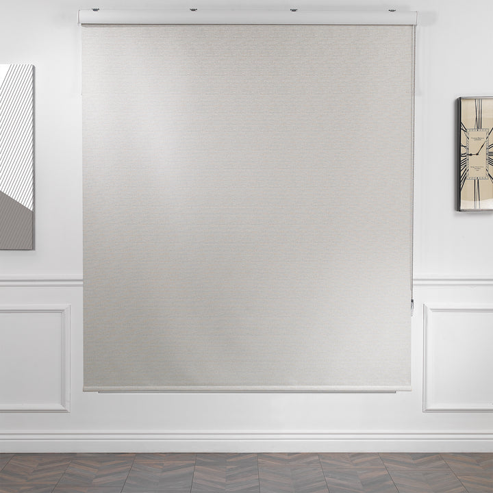 A made to measure beige marble‑textured room darkening roller blind captured with a natural stone‑look finish and smooth minimal lines