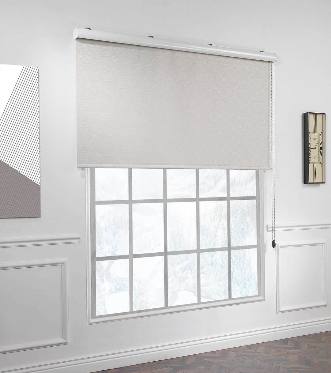 A beige marble‑textured room darkening roller blind made to measure, featuring a subtle stone‑effect texture and neat straight edges