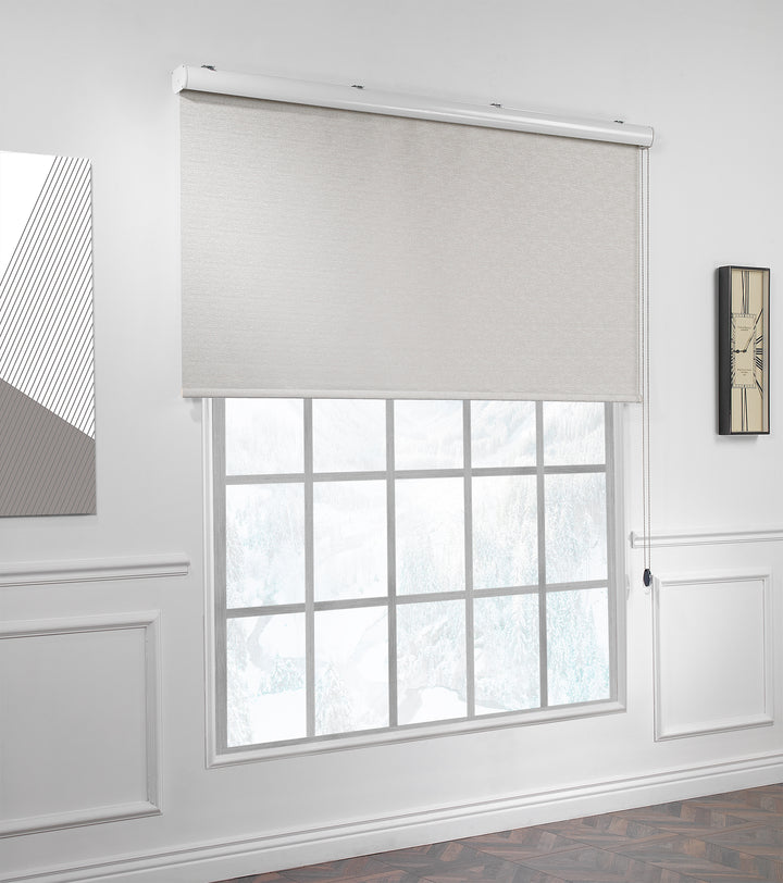 A beige marble‑textured room darkening roller blind made to measure, featuring a subtle stone‑effect texture and neat straight edges