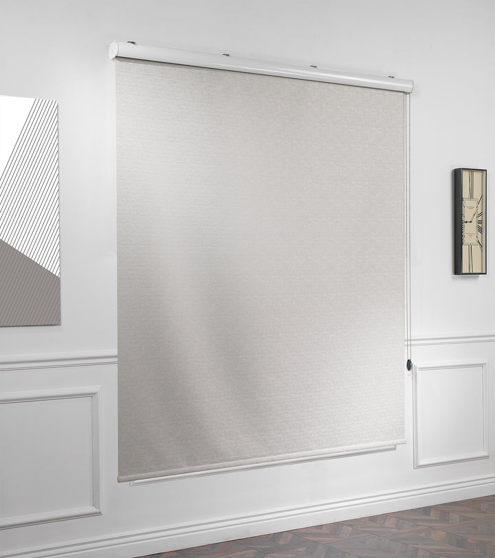 A made to measure beige marble‑textured room darkening roller blind shown with a soft stone‑patterned surface and clean minimal styling