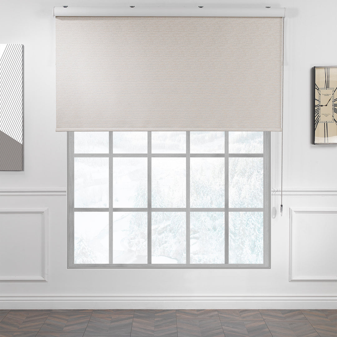 A made to measure ecru marble‑textured room darkening roller blind shown with a soft stone‑patterned surface and clean minimal styling