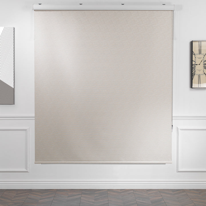 An ecru marble‑textured room darkening roller blind made to measure, photographed with a refined stone‑effect finish and balanced dimming