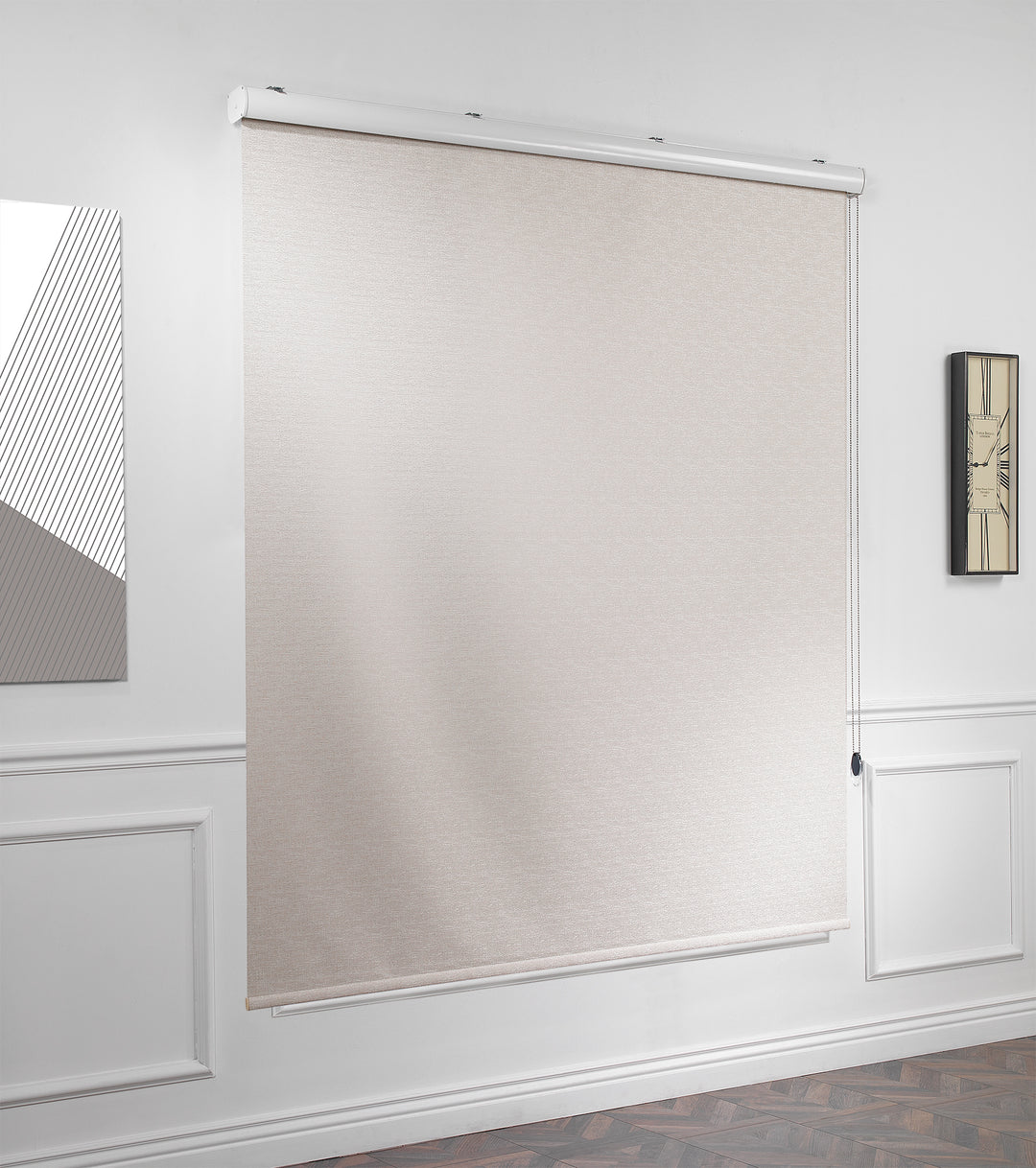 An ecru marble‑textured room darkening roller blind made to measure, featuring a subtle stone‑effect texture and neat straight edges