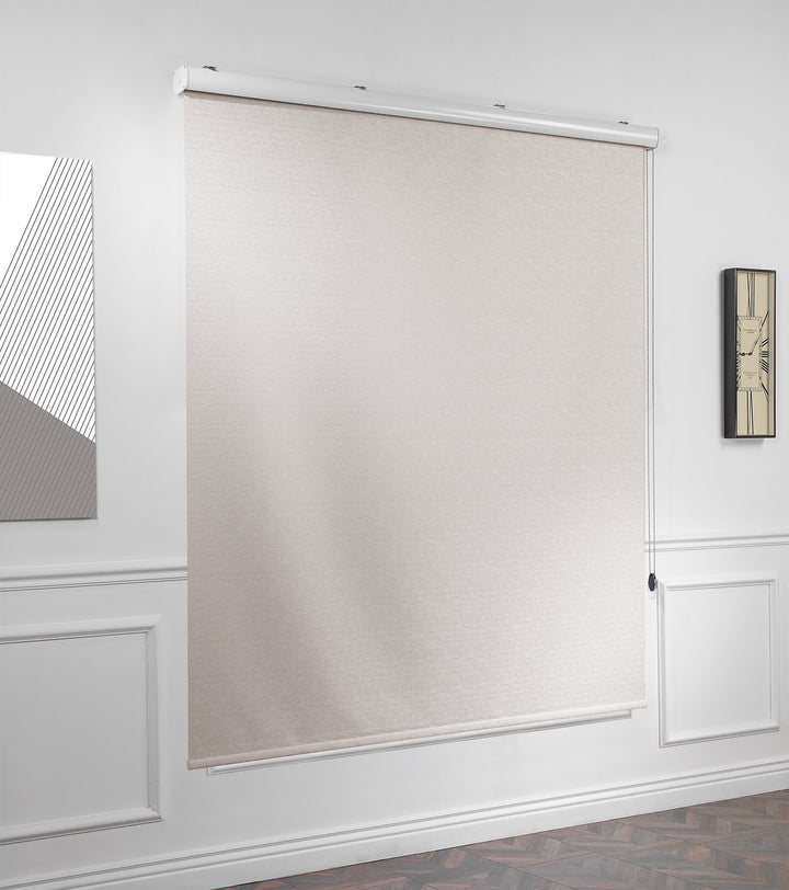 An ecru marble‑textured room darkening roller blind made to measure, featuring a subtle stone‑effect texture and neat straight edges