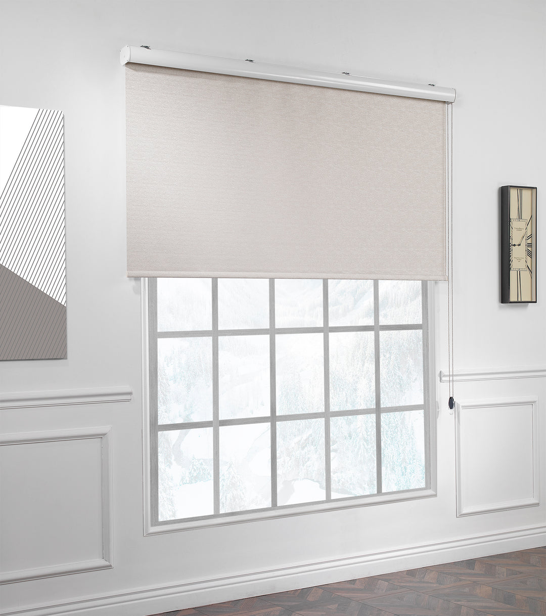 A made to measure ecru marble‑textured room darkening roller blind captured with a natural stone‑look finish and smooth minimal lines