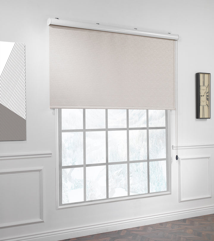 A made to measure ecru marble‑textured room darkening roller blind captured with a natural stone‑look finish and smooth minimal lines