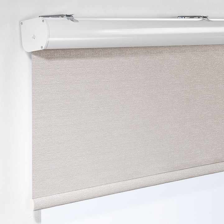 A made to measure ecru marble‑textured room darkening roller blind displayed with a natural stone‑look pattern and tidy straight lines