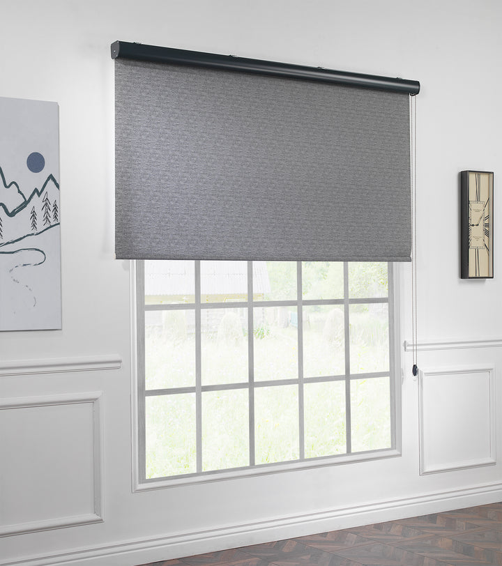 A made to measure grey marble‑textured room darkening roller blind captured with a natural stone‑look finish and smooth minimal lines
