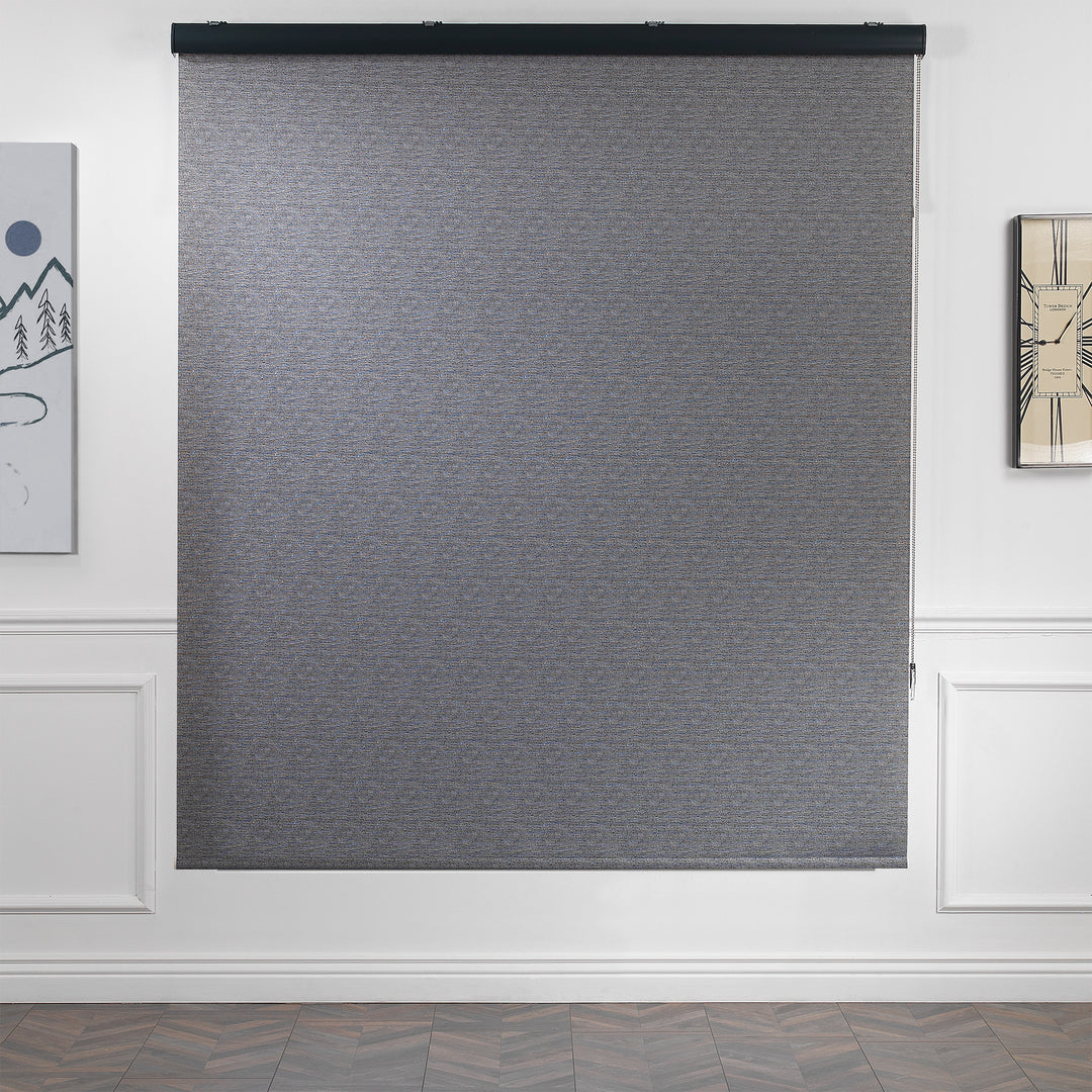 A made to measure grey marble‑textured room darkening roller blind displayed with a natural stone‑look pattern and tidy straight lines