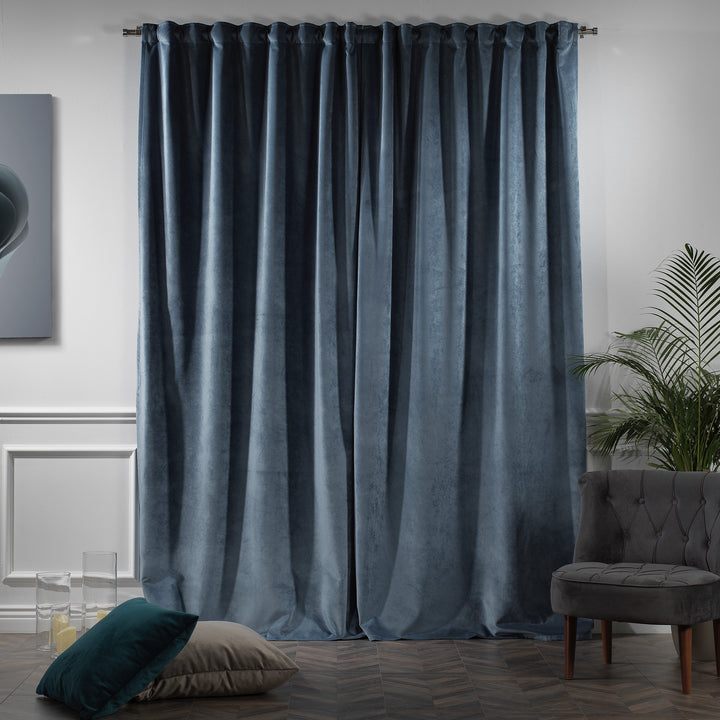 Muted blue matte velvet curtain panel, full‑length and wide coverage, modern tailored finish