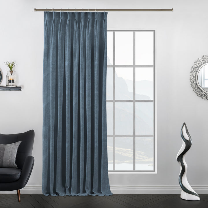 Air Force Blue matte velvet pinch pleat curtain with structured pleats and a calm dusty‑blue look.