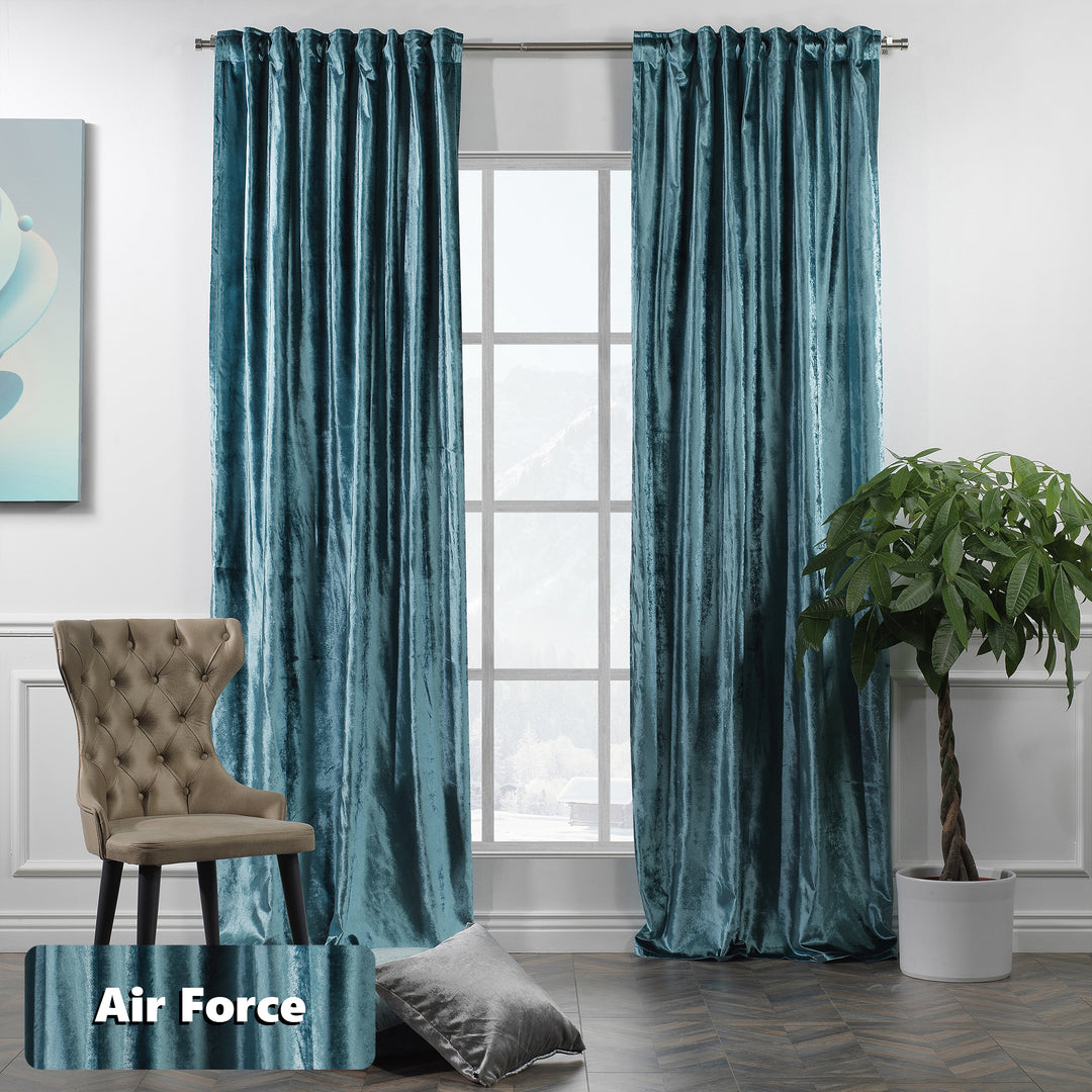 Custom‑fit  shiny velvet curtain offering wide coverage and a smooth, modern fall.