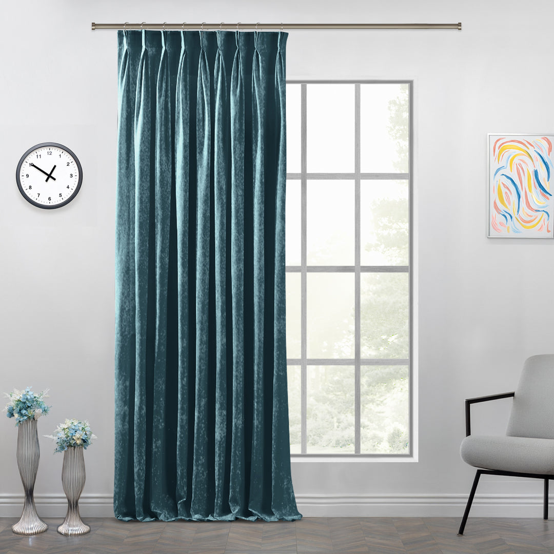 Pinch pleat velvet curtain with uniform handcrafted pleats and a refined full‑length drape.