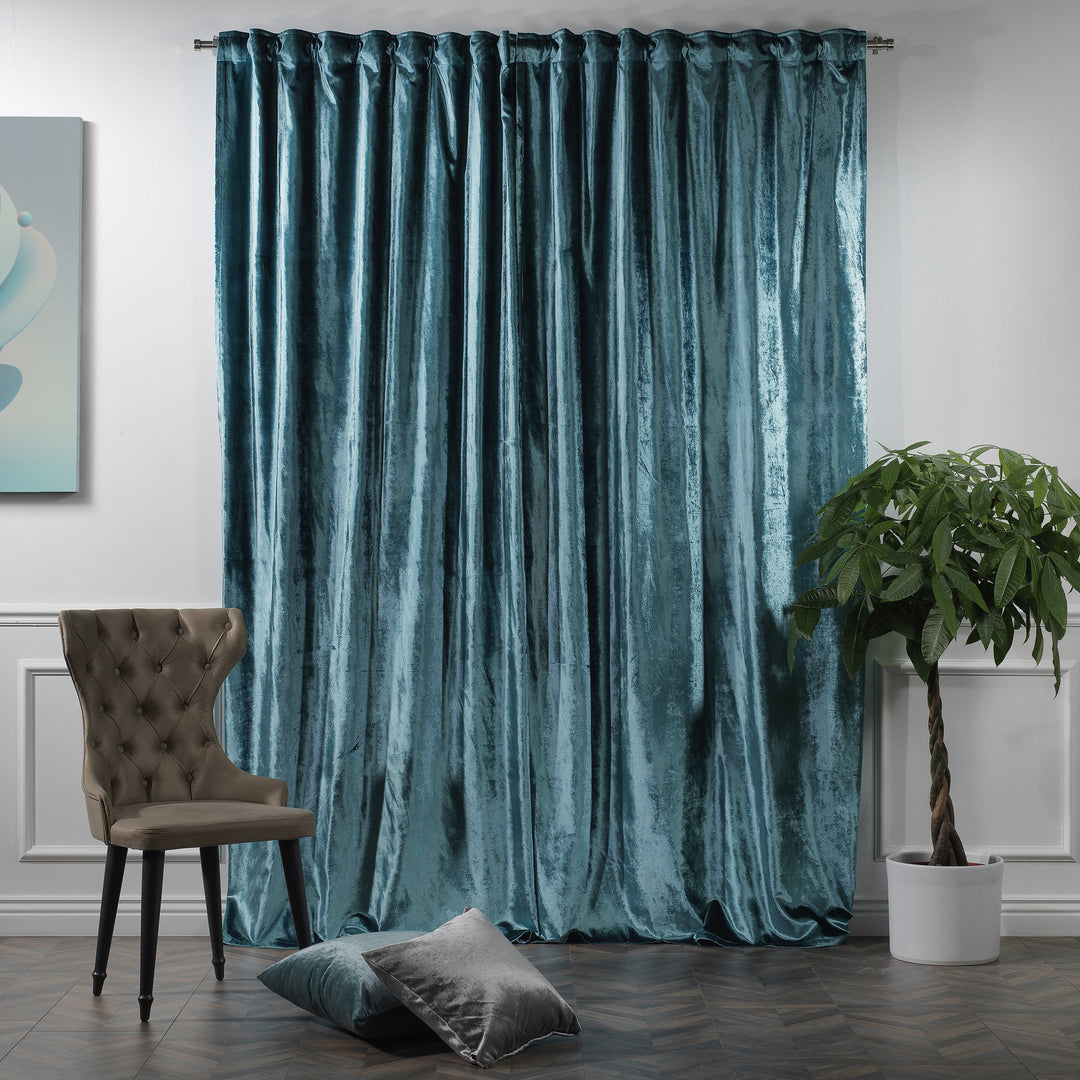 Shiny velvet curtain with adaptable top design suitable for both pole and track systems, featuring smooth full‑length fall.