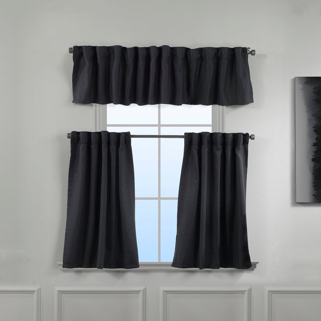 Anthracite linen‑look valance showing textured weave, cool tone and soft translucency.

