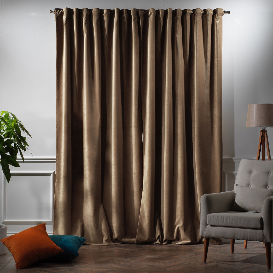Custom‑fit matte velvet curtain offering extended drop and a soft, structured appearance.
