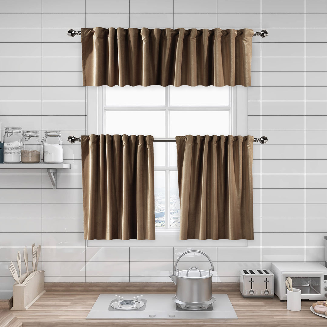 A made to measure kitchen valance in warm antique‑brass matte velvet, shown with a smooth plush texture and crisp refined edges for a rich elegant appearance