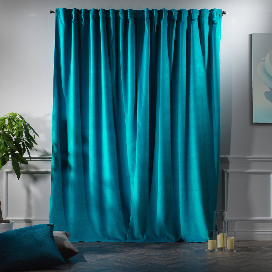 Custom matte velvet curtain panel with long, flowing drape and refined minimal texture.