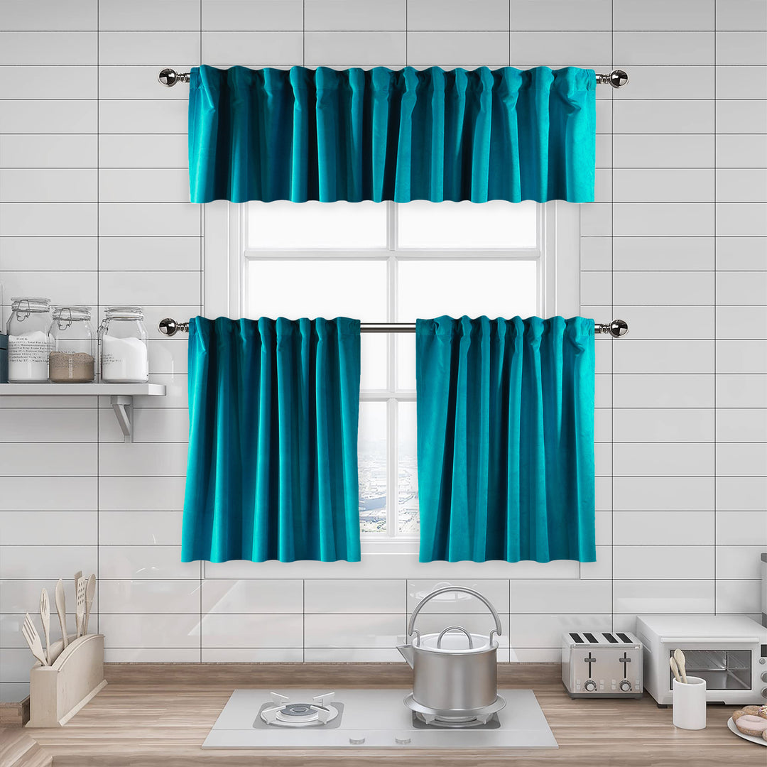 A made to measure kitchen valance in soft aqua‑blue matte velvet, shown with a smooth plush texture and clean structured edges for a fresh contemporary finish