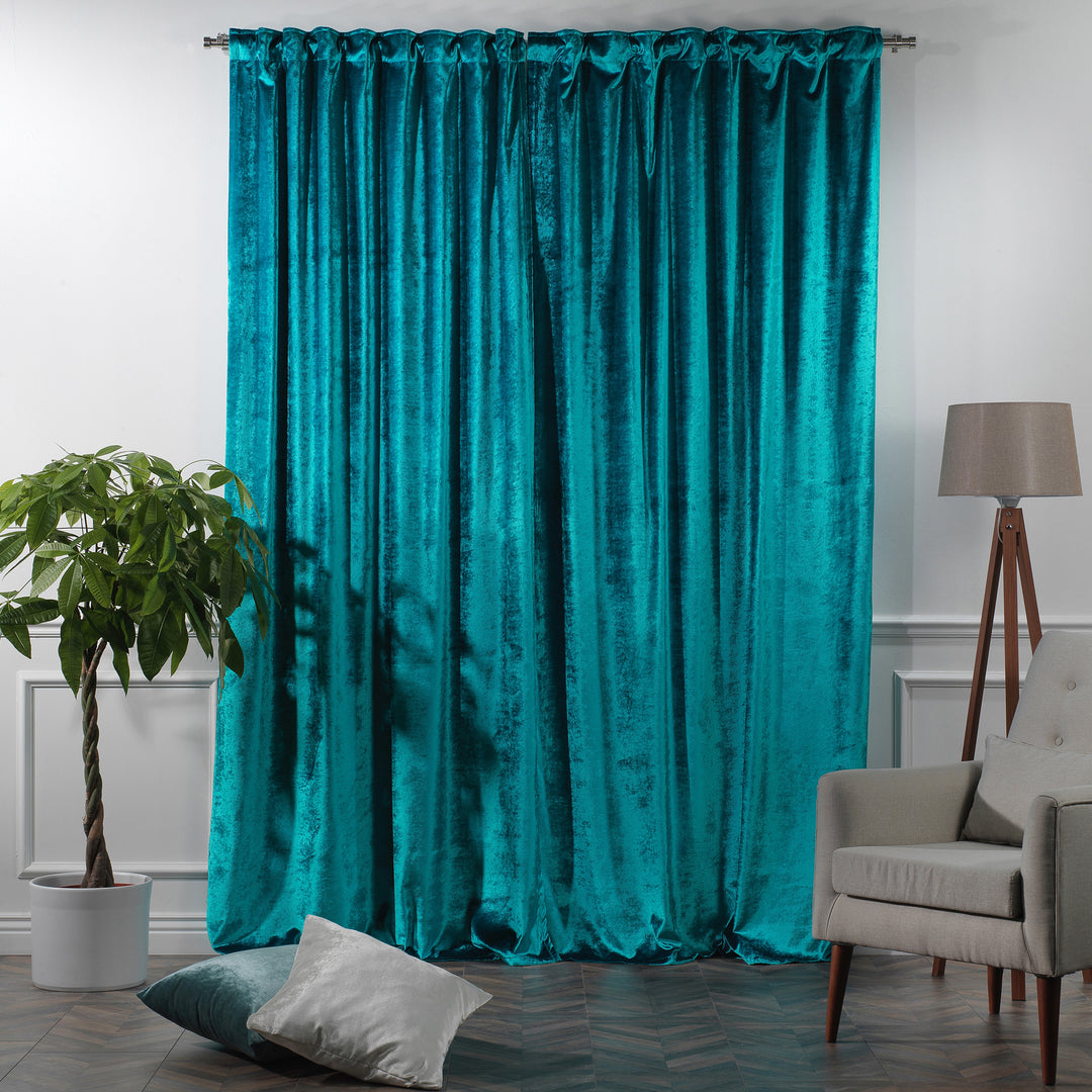 Multi‑way shiny velvet curtain with versatile header design and a soft, uninterrupted drape.