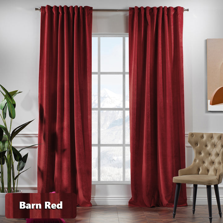 Barn red matte velvet eyelet curtain with metal ring top and warm deep‑red drape.