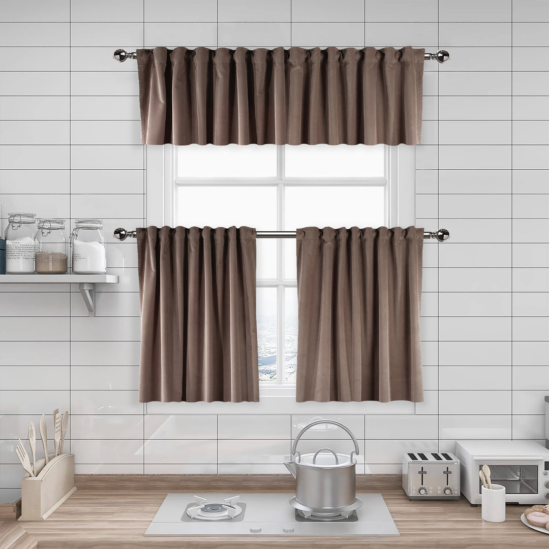 A made to measure kitchen valance in warm taupe‑beige matte velvet, shown with a smooth plush texture and clean structured edges for a refined natural look