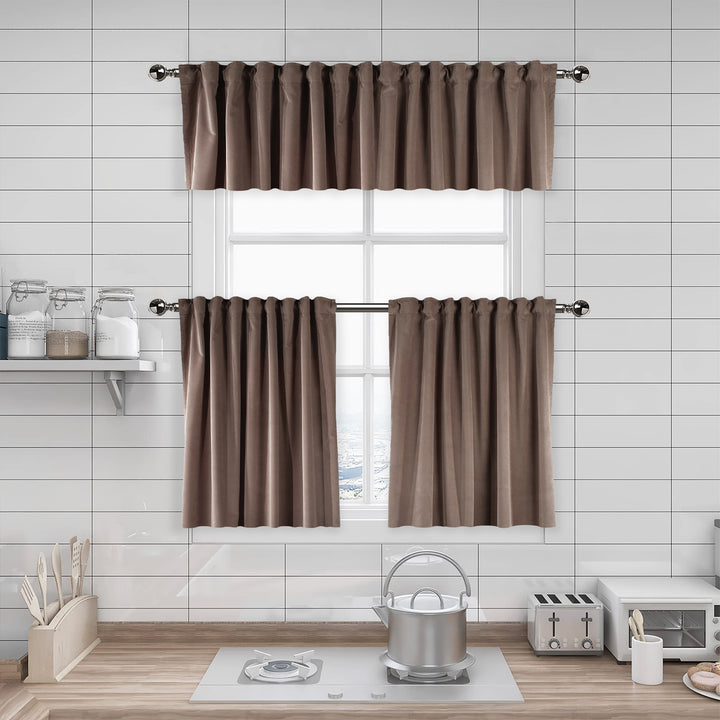 A made to measure kitchen valance in warm taupe‑beige matte velvet, shown with a smooth plush texture and clean structured edges for a refined natural look