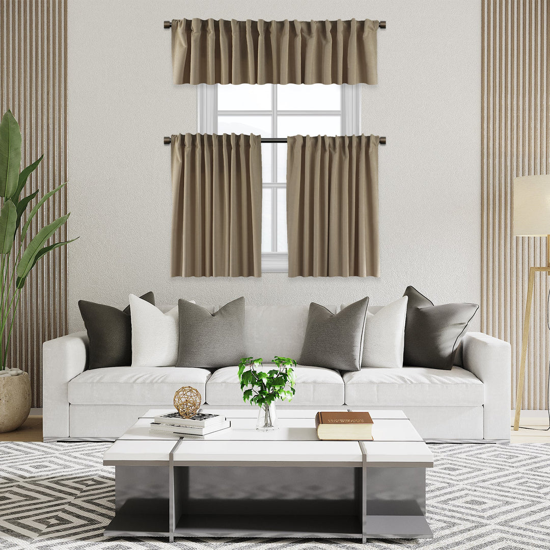 A made to measure kitchen valance in warm beige velour, featuring a smooth lightweight surface and neatly tailored edges for a soft premium look