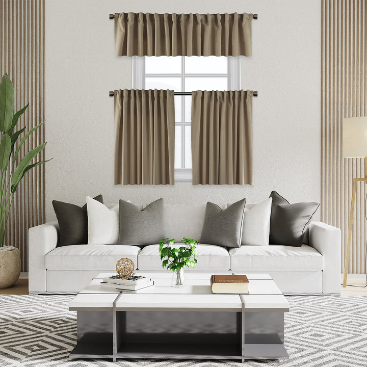 A made to measure kitchen valance in warm beige velour, featuring a smooth lightweight surface and neatly tailored edges for a soft premium look
