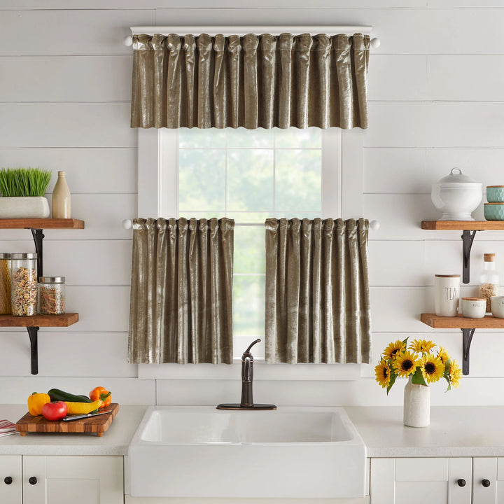 A made to measure valance in warm beige shiny velvet, shown with a smooth glossy surface and clean structured edges for a refined natural appearance