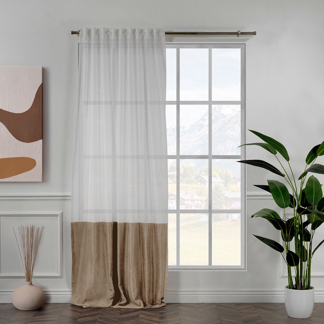 A made to measure beige velvet and sheer block curtain, shown with warm neutral tones, soft drape and a refined layered texture
