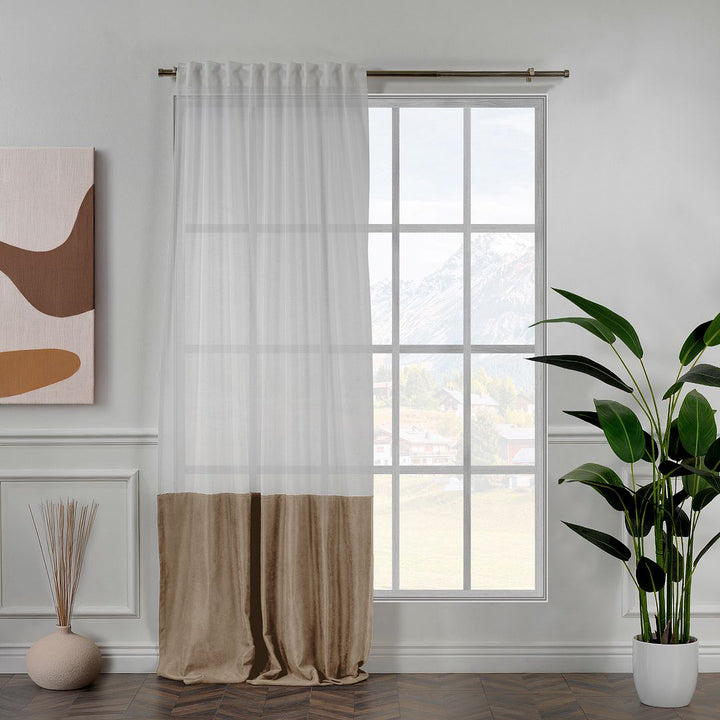 A made to measure beige velvet and sheer block curtain, shown with warm neutral tones, soft drape and a refined layered texture