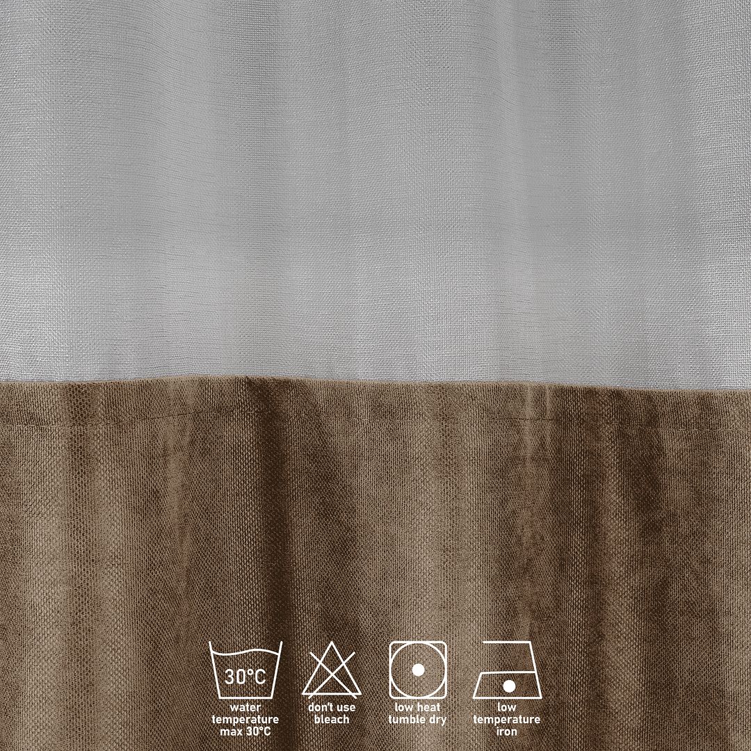 A close‑up of a beige velvet and sheer block curtain, displaying smooth velvet texture and the airy sheer underlayer