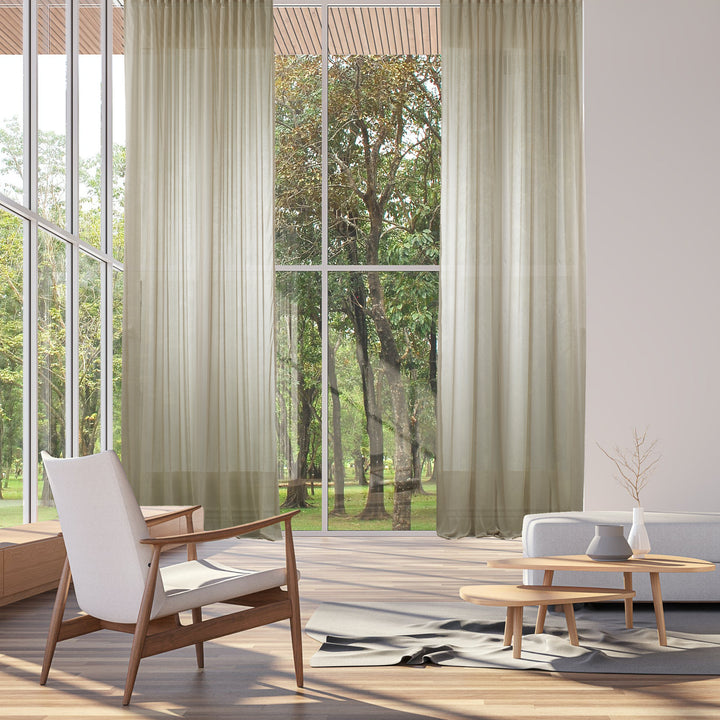 Made‑to‑measure extra‑wide and extra‑long Beige silk‑crepe sheer curtain with smooth elegant drape, fine crepe texture and softly diffused natural light
