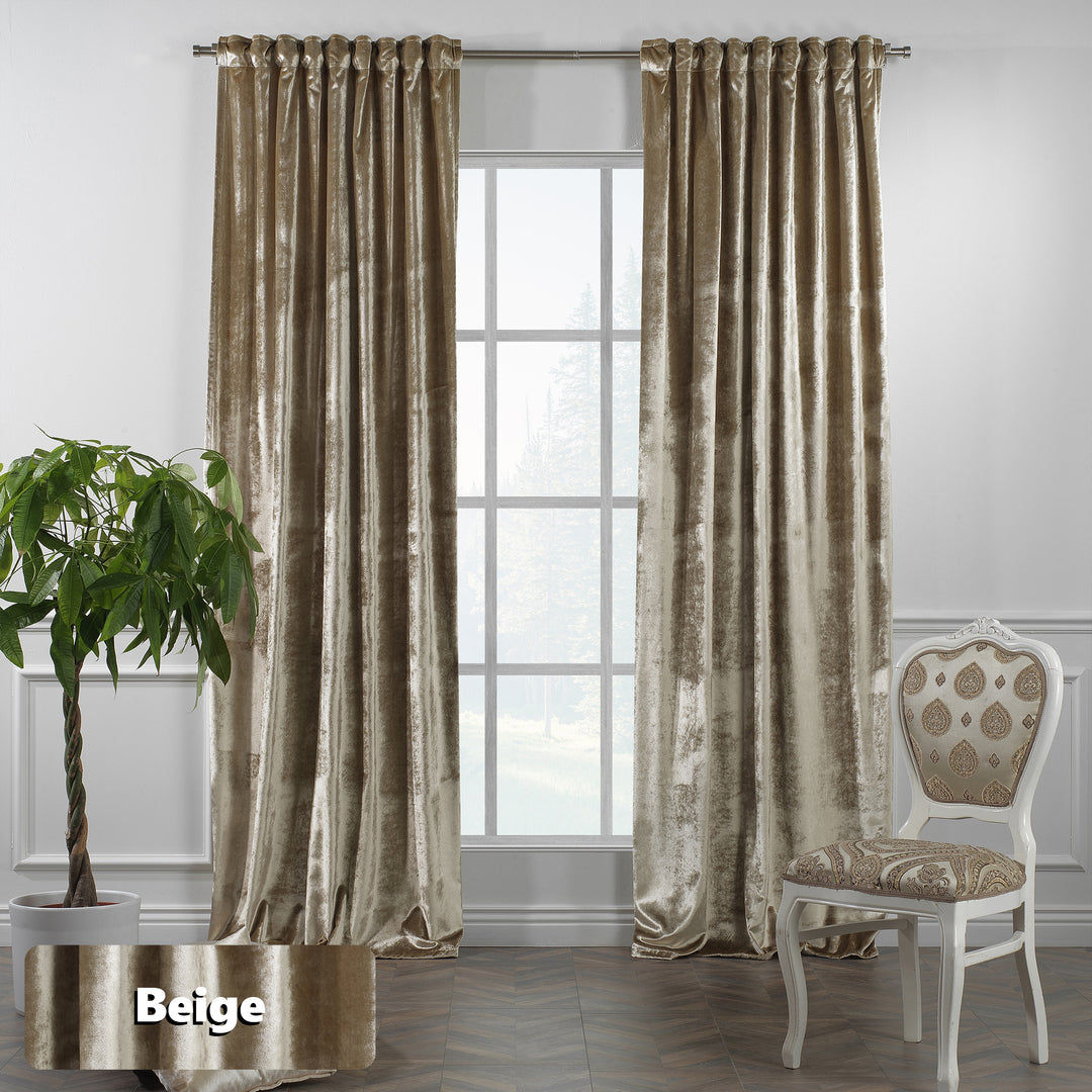 Beige shiny velvet eyelet curtain offering wide coverage and a calm, uninterrupted drape.