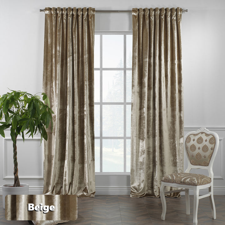 Beige shiny velvet eyelet curtain offering wide coverage and a calm, uninterrupted drape.