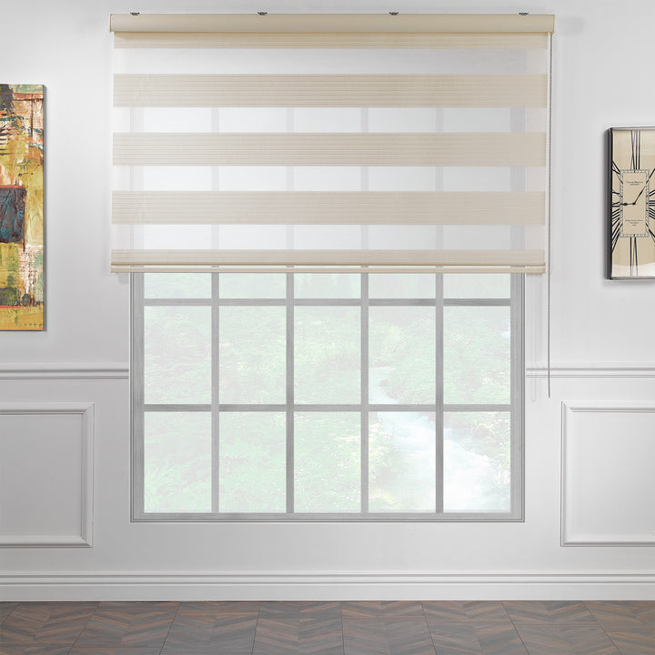 Made to measure beige thick pleated linen‑textured zebra roller blind featuring layered sheer and dim‑out stripes for warm natural light control and subtle privacy, highlighting its earthy beige tone, rich fabric texture and premium pleated day‑and‑night blind design