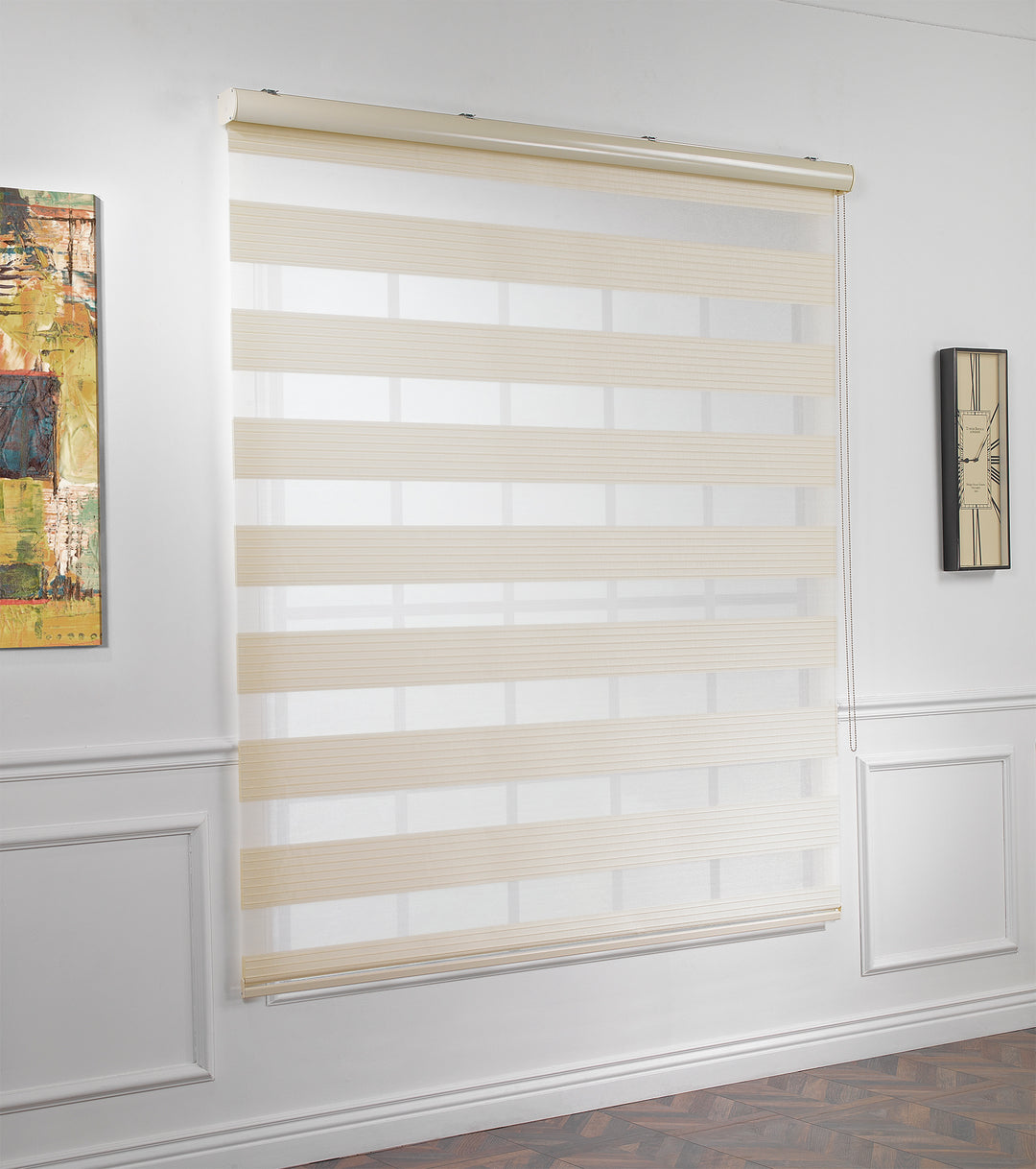 Made to measure beige thick pleated linen‑textured zebra roller blind featuring layered sheer and dim‑out stripes for warm natural light control and subtle privacy, highlighting its earthy beige tone, rich fabric texture and premium pleated day‑and‑night blind design