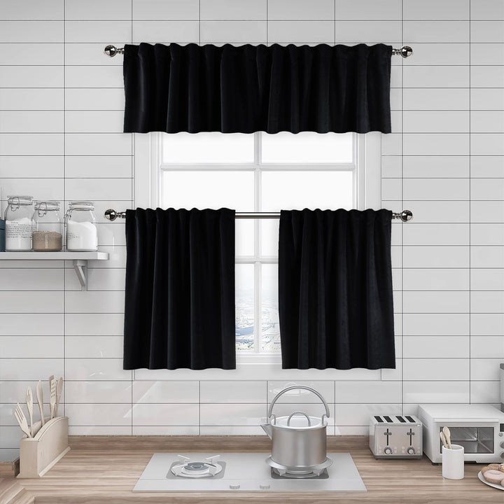 A made to measure kitchen valance in classic black matte velvet, featuring a velvety surface and neatly tailored seams for a bold premium appearance