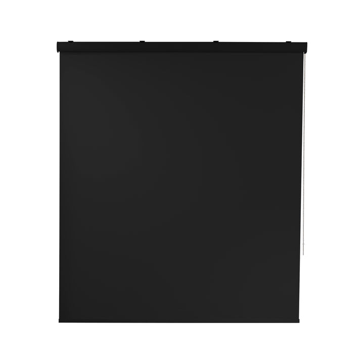 A black room darkening roller blind made to measure, shown in a clean minimal view with a smooth matte surface and balanced light blocking
