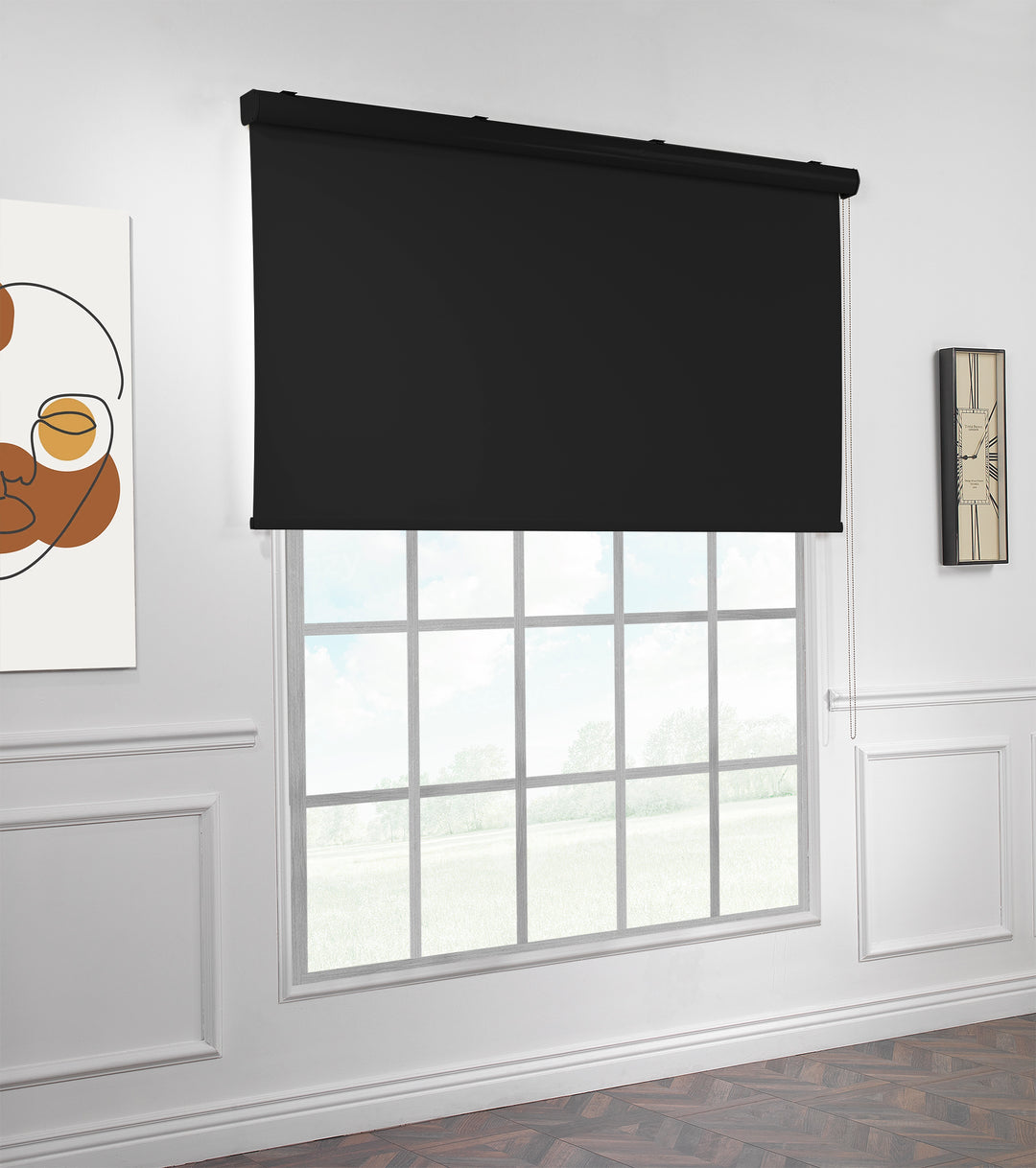 A black room darkening roller blind made to measure, captured from a diagonal angle highlighting its matte surface and clean minimal edges