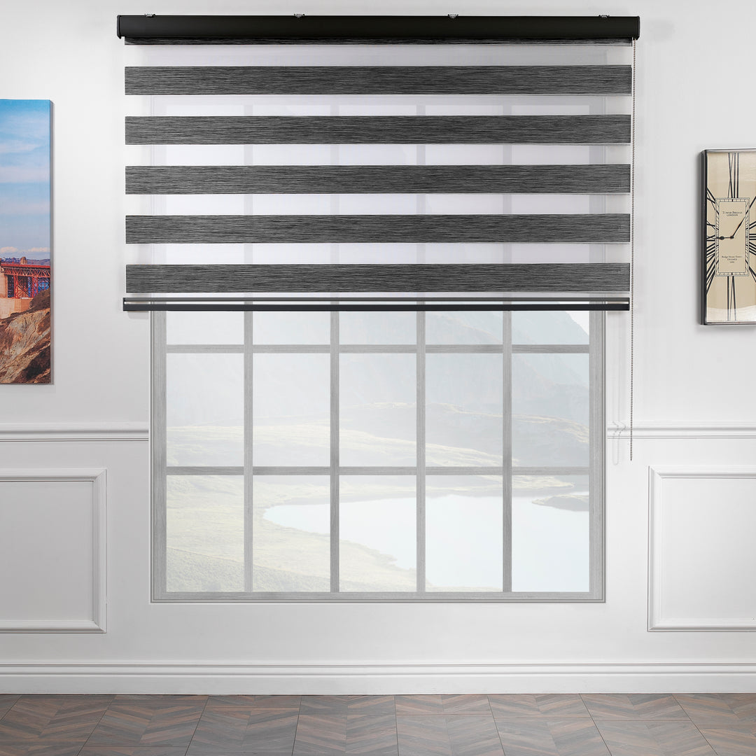 Made to measure striped roller blind in black, designed with alternating sheer and opaque horizontal stripes for adjustable light control and privacy, highlighting the bold black tone, smooth texture and modern day‑and‑night blind style
