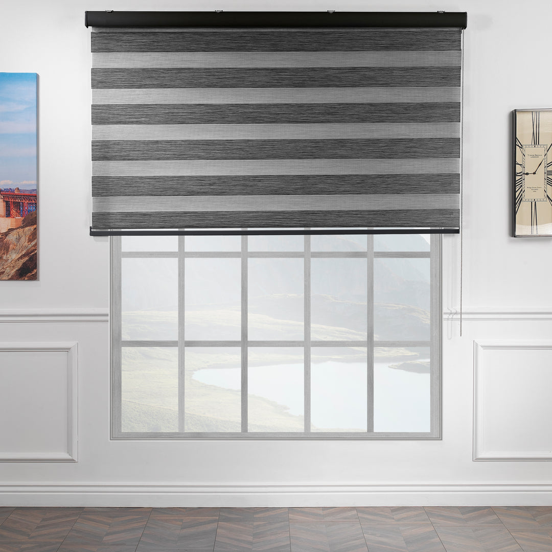 Made to measure striped roller blind in black, designed with alternating sheer and opaque horizontal stripes for adjustable light control and privacy, highlighting the bold black tone, smooth texture and modern day‑and‑night blind style.