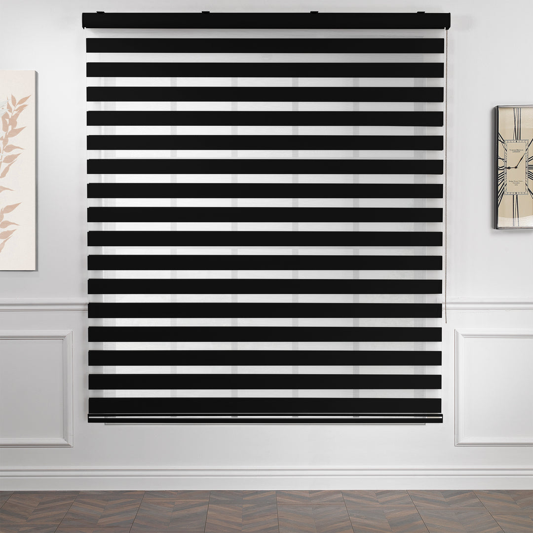 Made to measure striped roller blind in black, designed with alternating sheer and opaque horizontal stripes for adjustable light control and privacy, highlighting the bold black tone, smooth texture and modern day‑and‑night blind style.