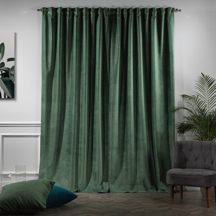 Custom matte velvet curtain panel offering extended length and a soft, structured fall.