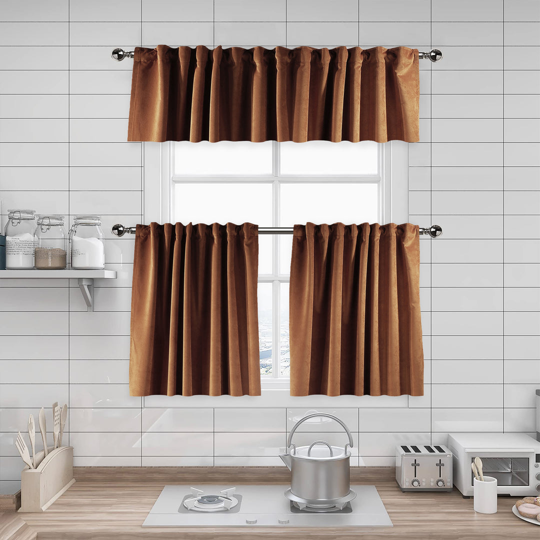 A made to measure kitchen valance in deep caramel matte velvet, featuring a velvety surface and clean seams for a rich premium look